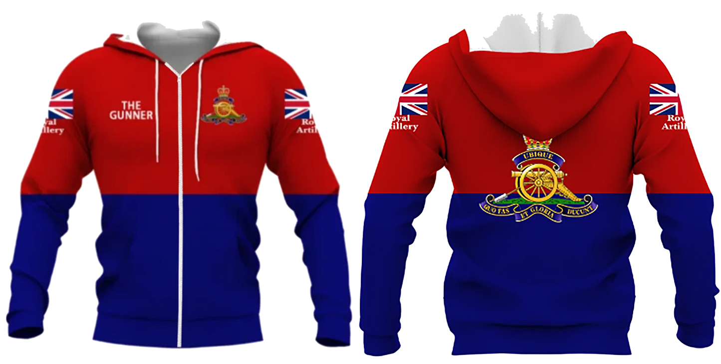 Royal Artillery Zipped Hoodies front and back print new for 2024