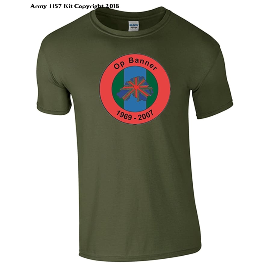 Bear Essentials Clothing. Northern Ireland Ops Banner T-Shirt - Army 1157 kit Medium / Green Army 1157 Kit Veterans Owned Business