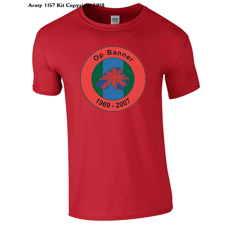 Bear Essentials Clothing. Northern Ireland Ops Banner T-Shirt - Army 1157 kit Small / Red Army 1157 Kit Veterans Owned Business