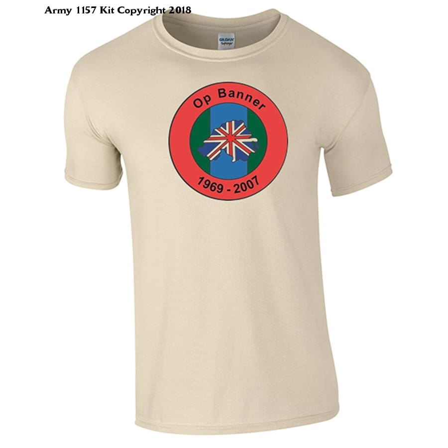 Bear Essentials Clothing. Northern Ireland Ops Banner T-Shirt - Army 1157 kit Small / Sand Army 1157 Kit Veterans Owned Business