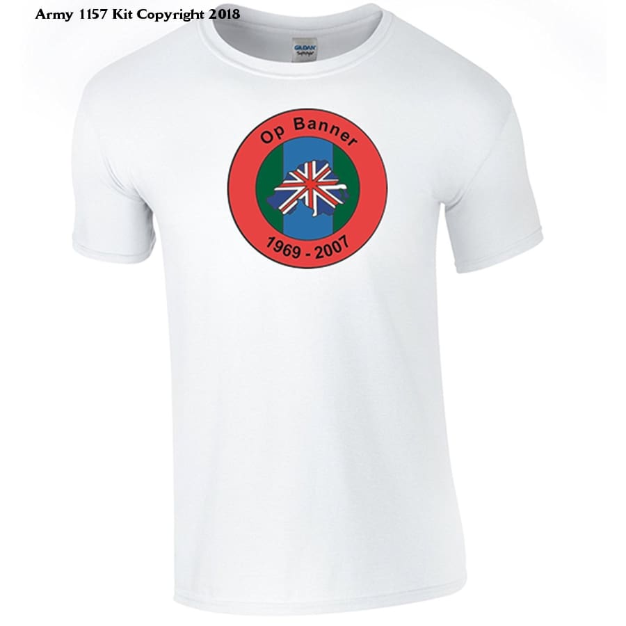 Bear Essentials Clothing. Northern Ireland Ops Banner T-Shirt - Army 1157 kit Small / White Army 1157 Kit Veterans Owned Business